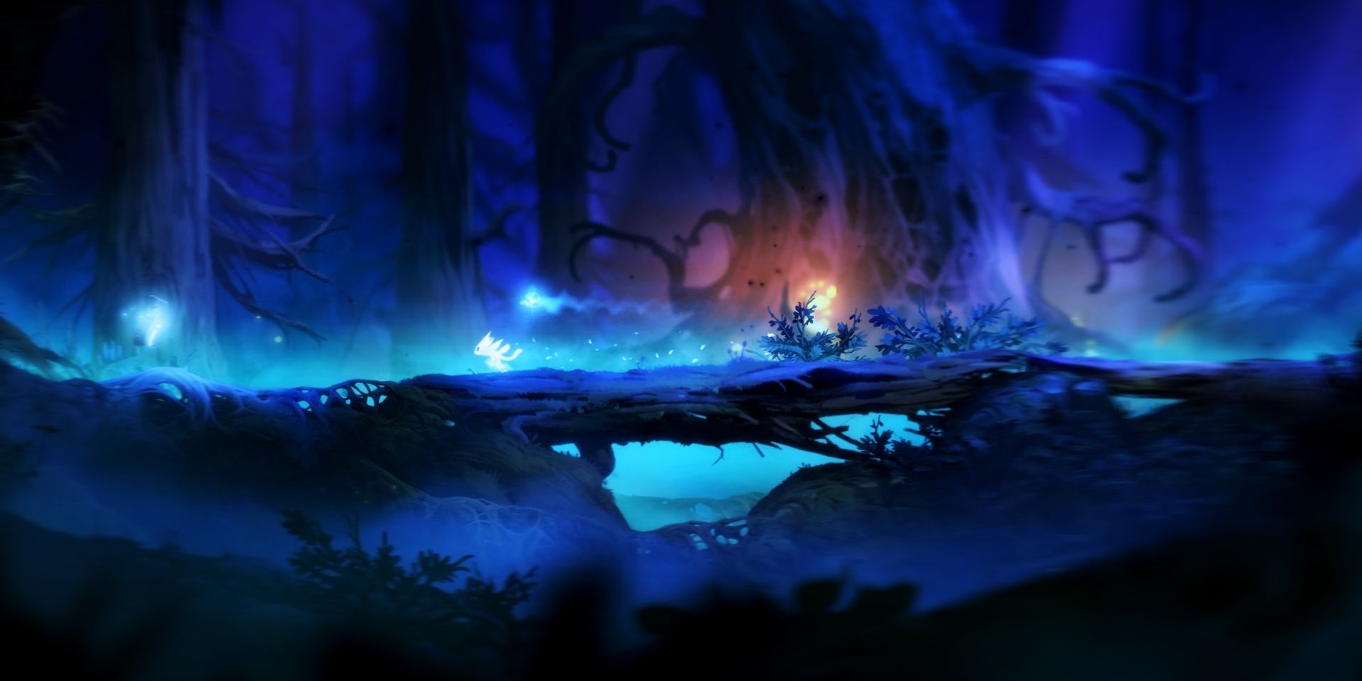 Ori sprinting across a log and Sein floating behind them in Ori and the Blind Forest