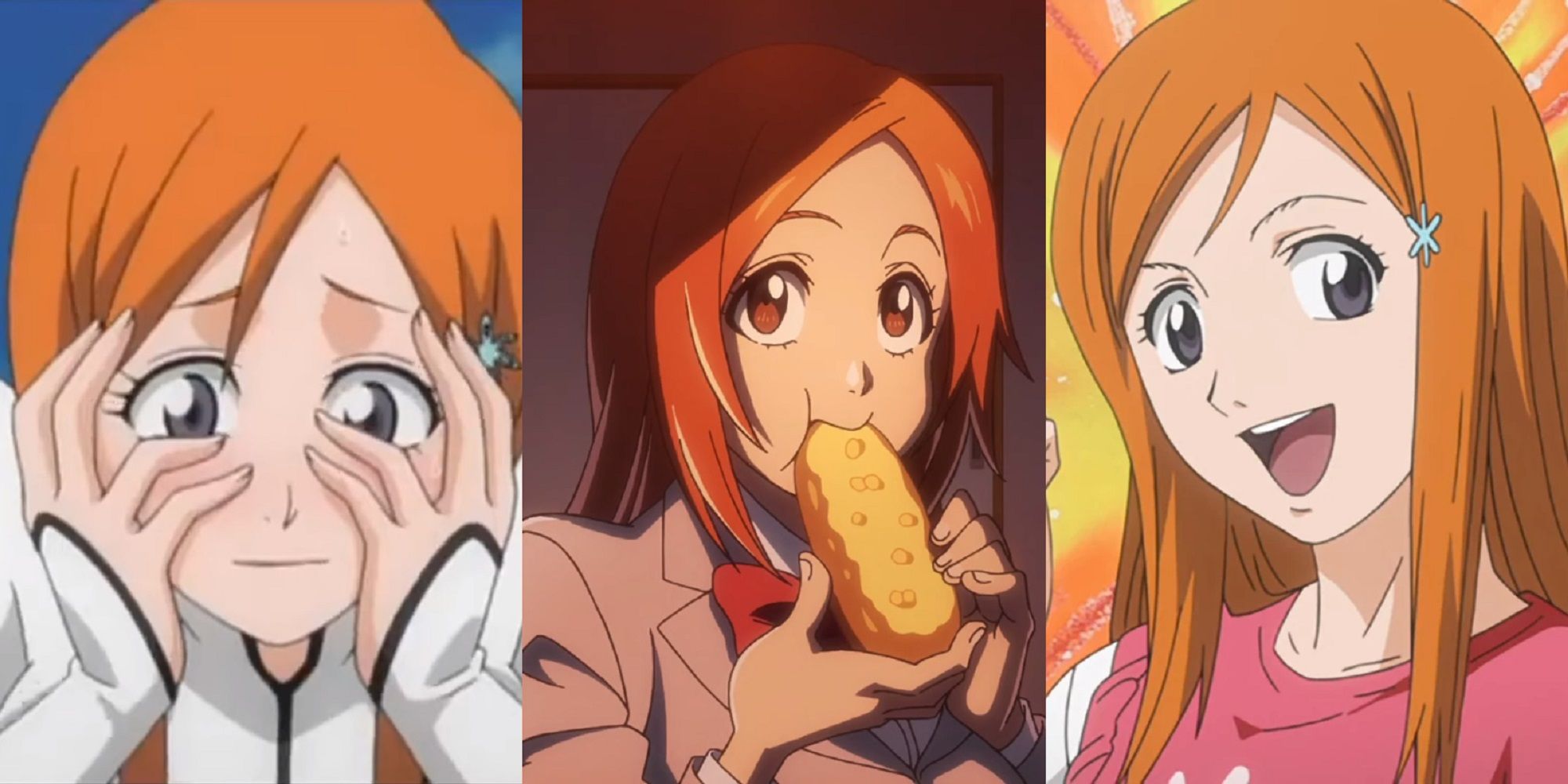 Split image of Orihime blushing as she is being carried by Ichigo, eating bread, and determined to do her best in the Bleach anime