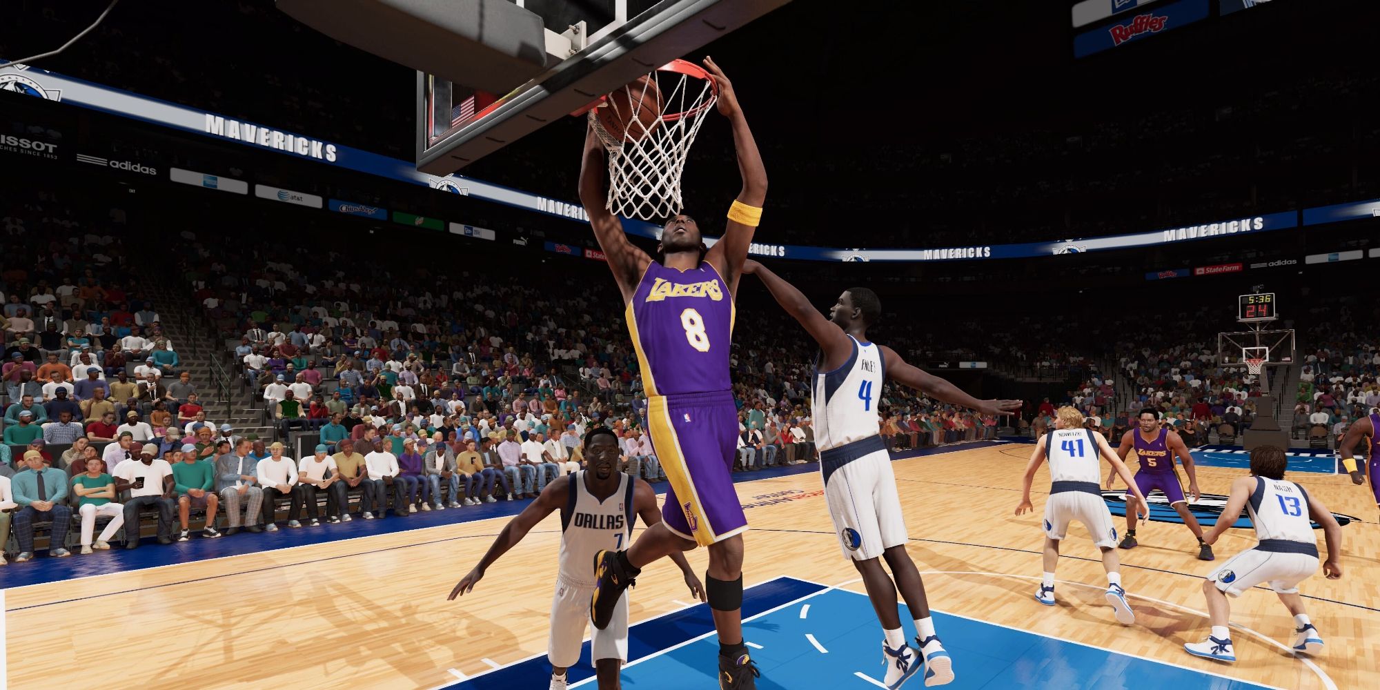 Kobe Bryant dunking in a game against the Dallas Mavericks in NBA 2K23