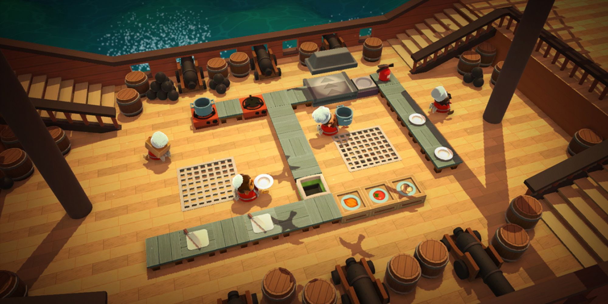 Four players preparing meals on a boat in Overcooked