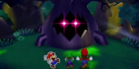 paper mario, luigi and mario scared of eyes in a tree