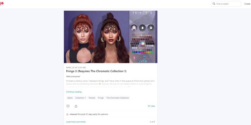 A creator named Anto creates a custom hair called Fringe 3 released on Patreon