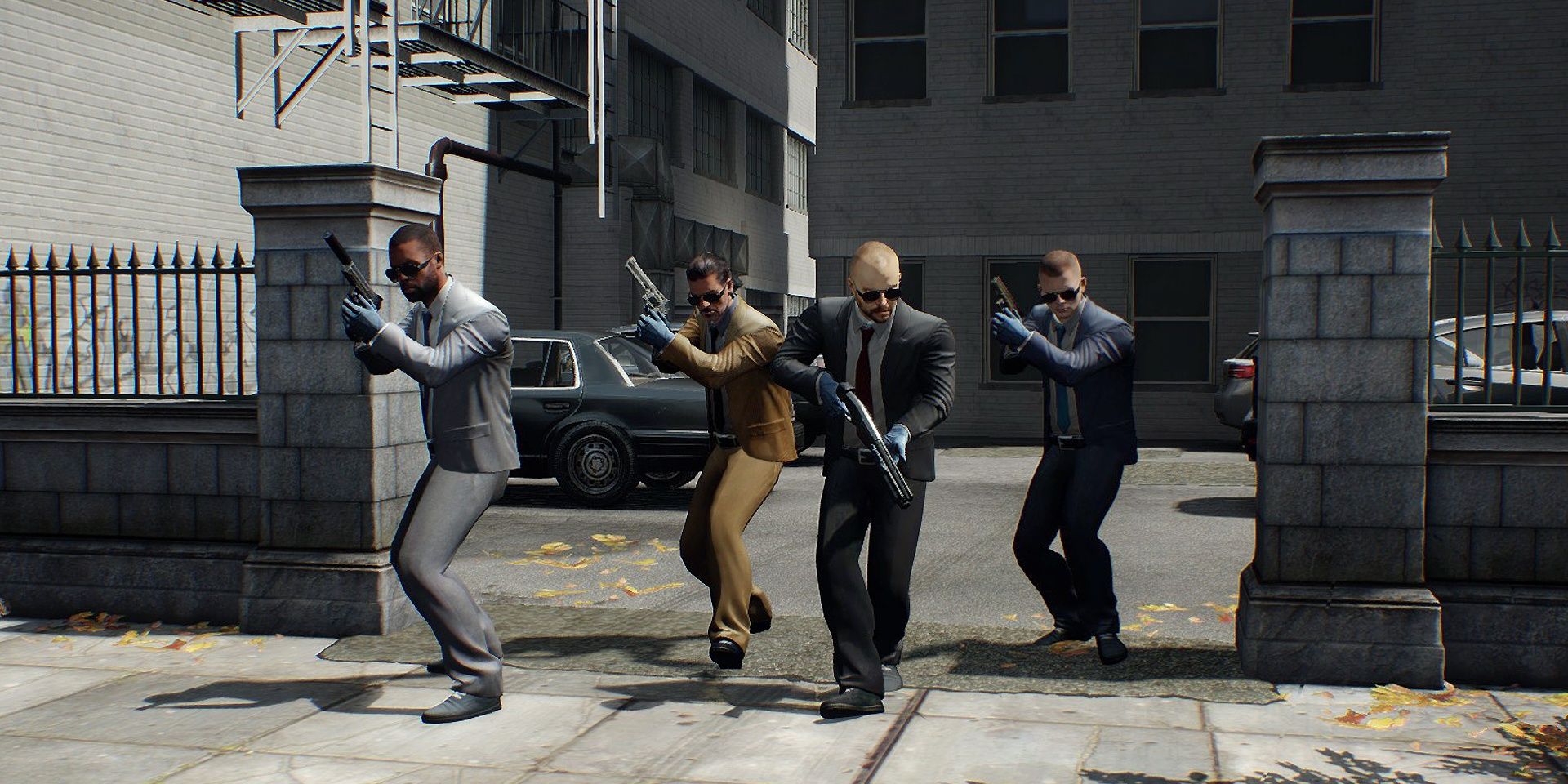 Four men holding guns, wearing sunglasses, and wielding guns as they walk out in Payday 2 from a parking lot towards a heist in Payday 2