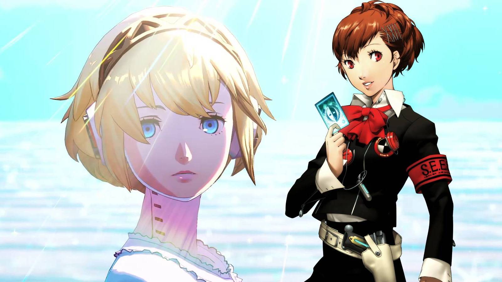 Aigis from Persona 3 Reload with the female protagonist from Persona 3 Portable