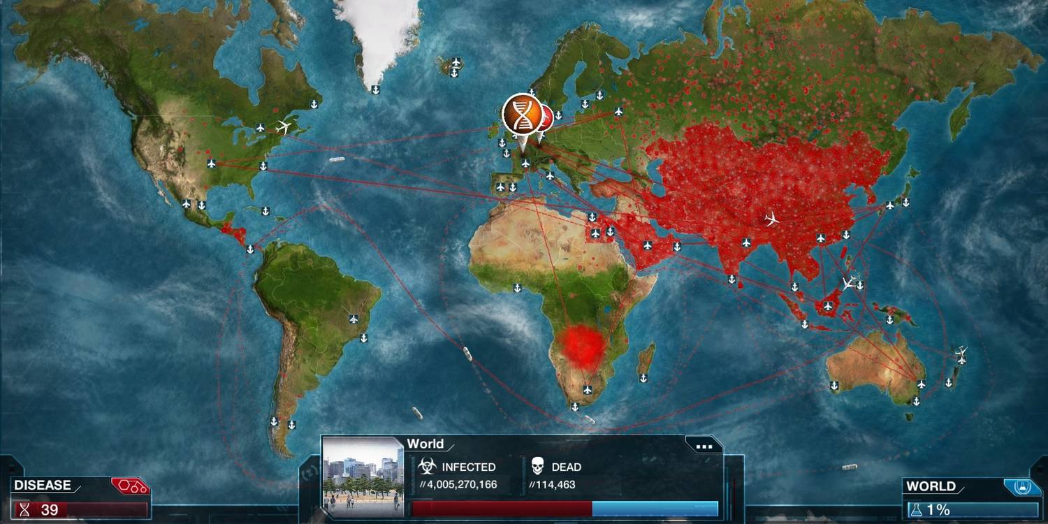 A Plague Inc. map where most of asia has been infected with a virus while there are many other countries with infection points
