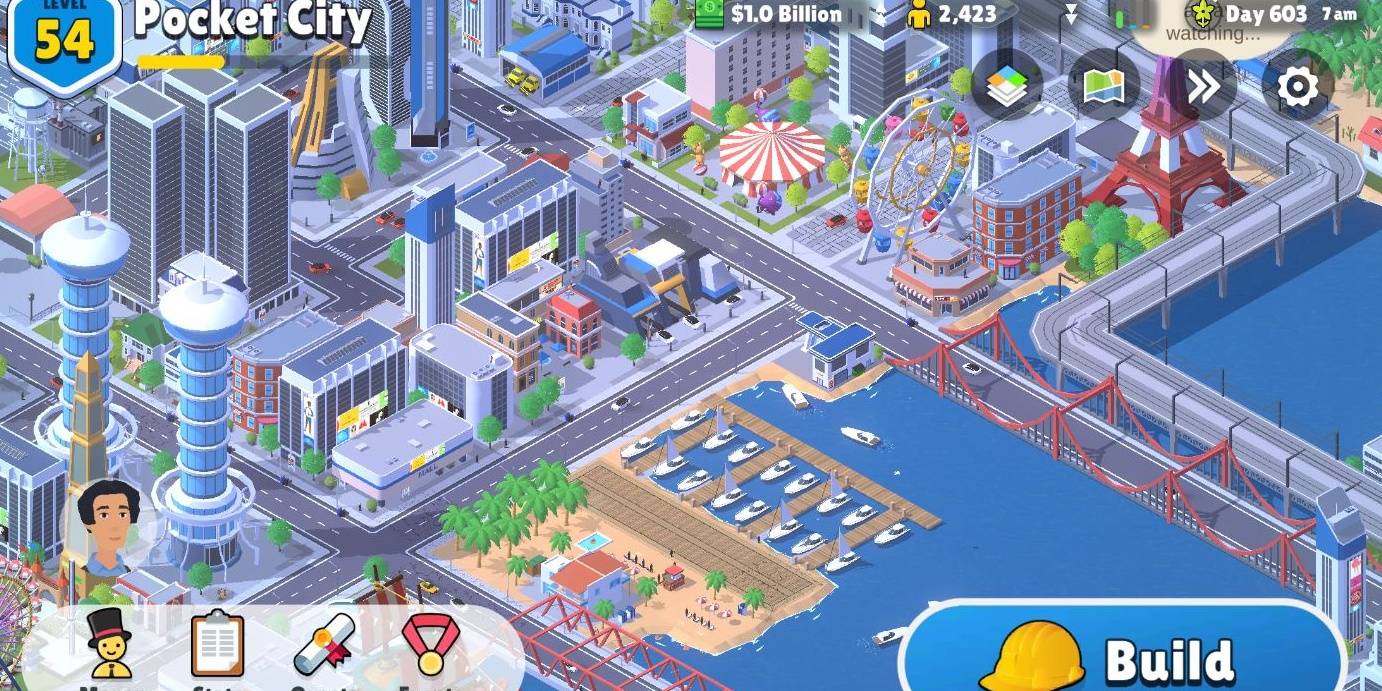 A screenshot of a city in Pocket City 2, including a dock with many boats, a fair with a ferris wheel and merry-go-round, and numerous buildings