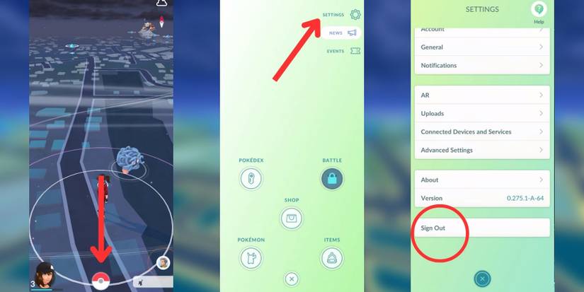 image showing how to log out of a pokemon go account.
