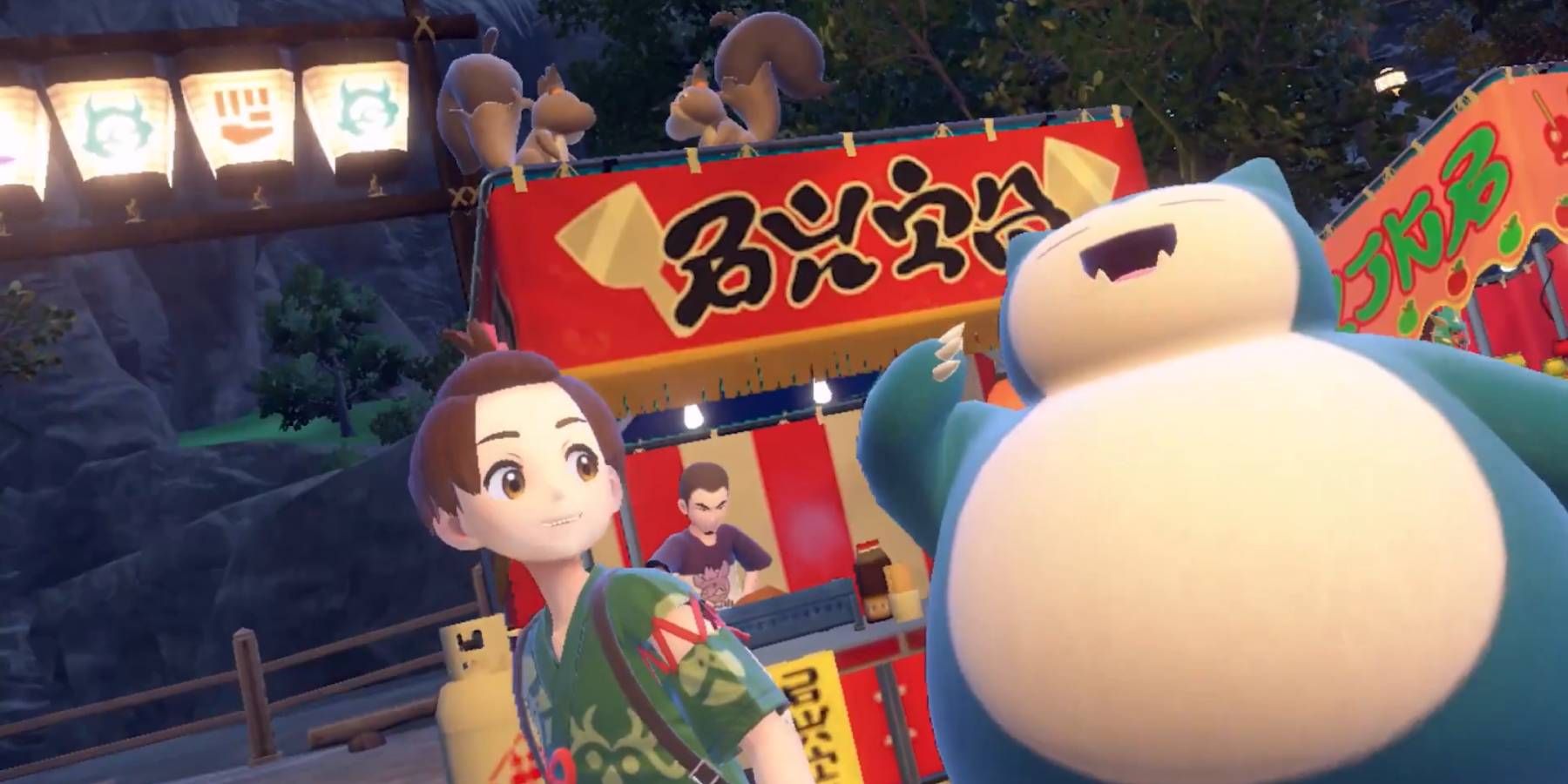 A player, Snorlax, and pair of Skwovets at a festival from Pokemon Scarlet and Violet's DLC