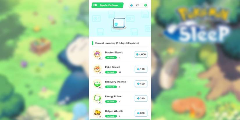 image showing the regular exchange shop in pokemon sleep to buy biscuits with sleep points.