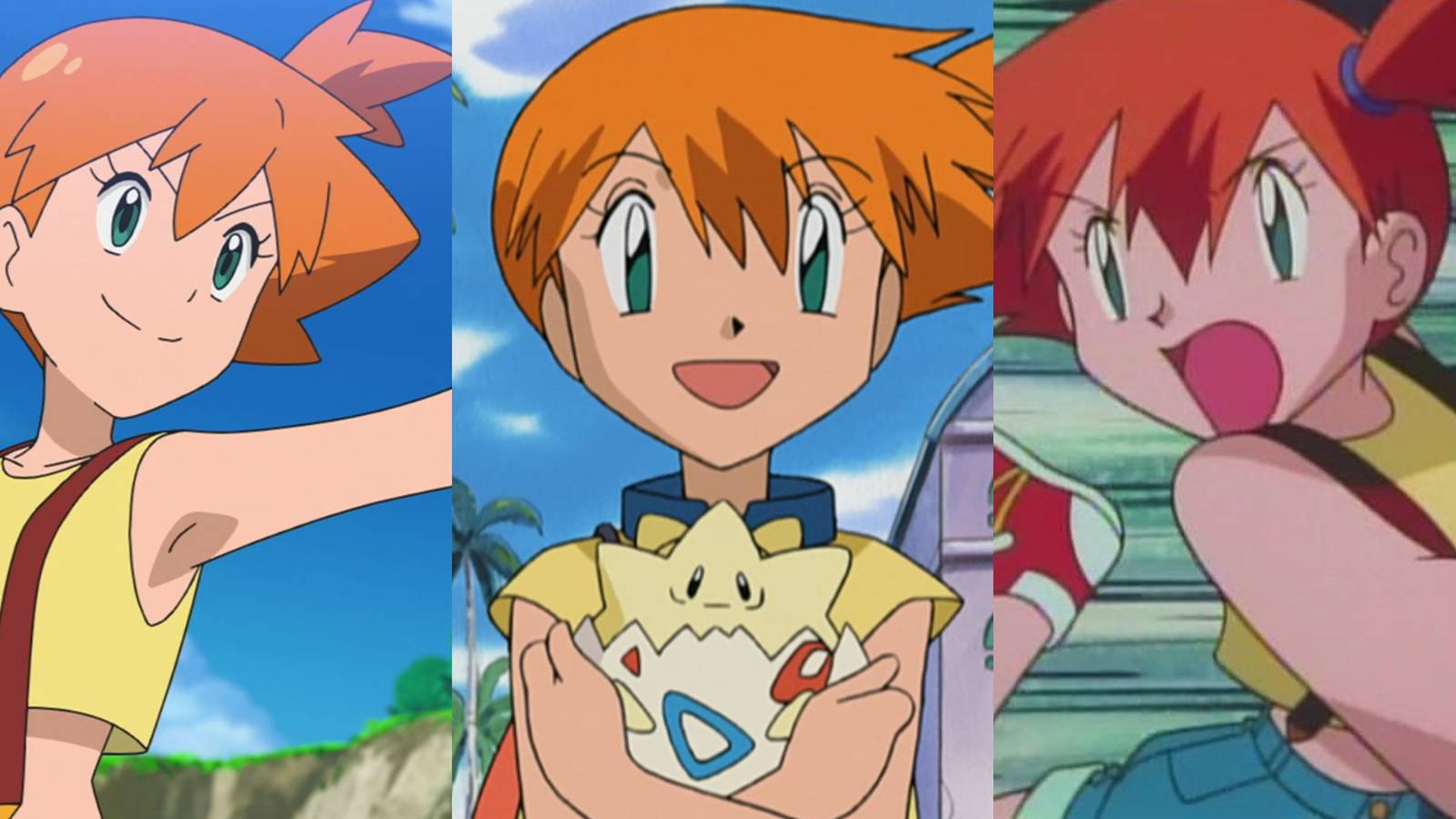 Misty in Pokemon Journeys; Misty holding Togepi in Ruby & Sapphire; Misty mid-battle in OG series