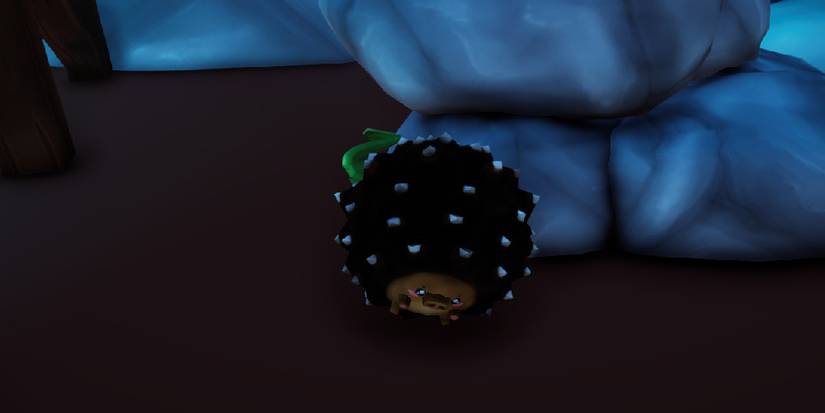 A rolled-up porcupine with a frog attached to its back in a cavern.