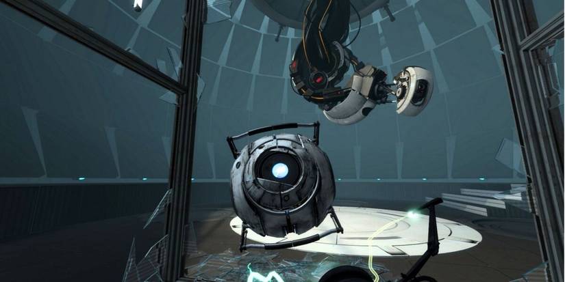A screenshot showing Chell carrying Wheatley to GLaDOS in Portal 2.