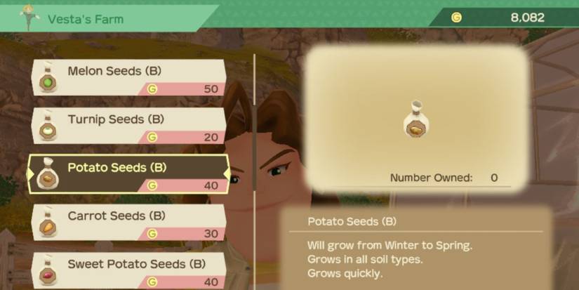 A player looking at Potato seeds at Vesta's Farm in Story of Seasons: A Wonderful Life