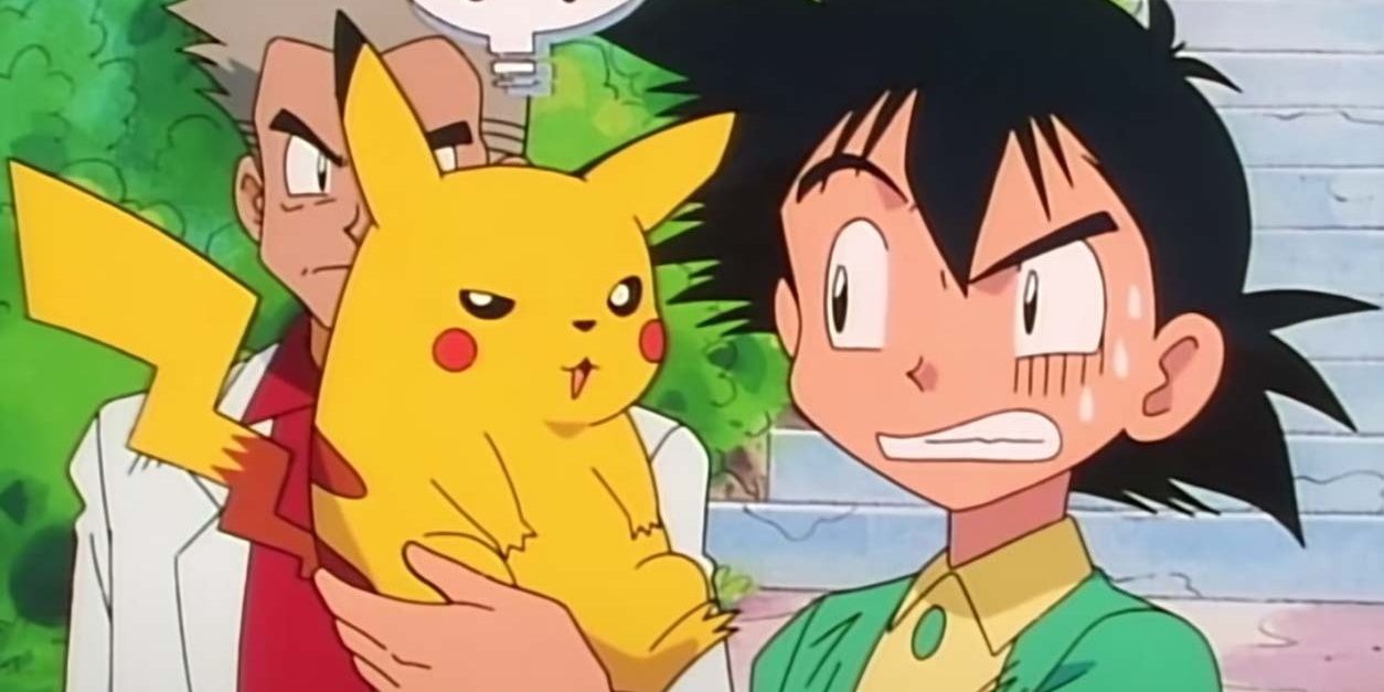 Professor Oak, Pikachu, and Ash in Pokemon