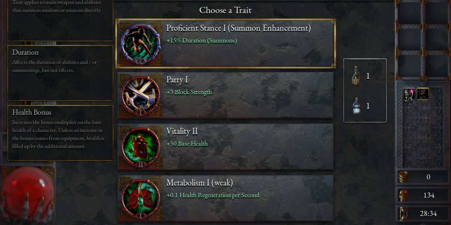 The Proficient Stance trait as it appears in the level-up menu in Halls of Torment