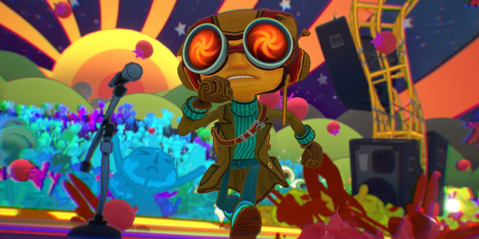 Raz running on a stage with fans cheering in the background in Psychonauts 2