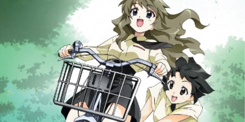 Marii Yukari and Manabu Hatou riding a bike in the official artwork of Qualia the Purple