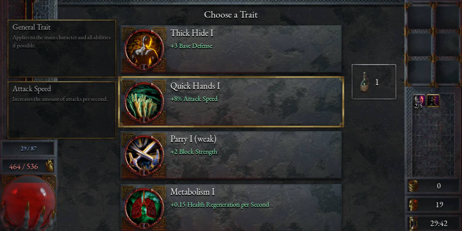 The Quick Hands Trait as displayed in the level-up menu in Halls Of Torment