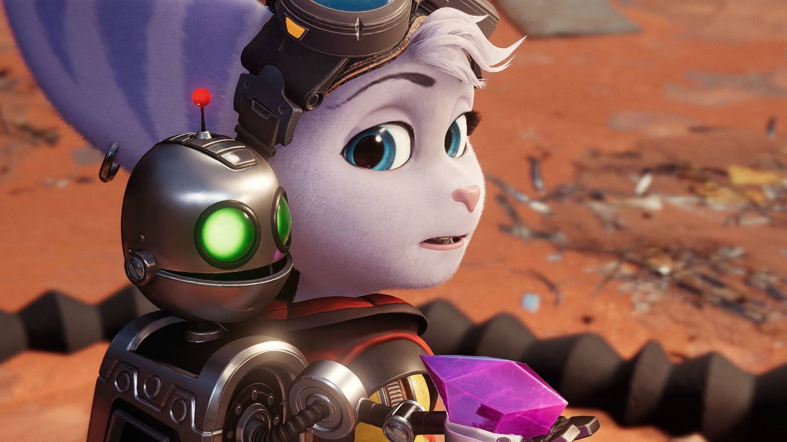 A screenshot of Rivet and Clank exploring a desert planet in Ratchet and Clank: Rift Apart.