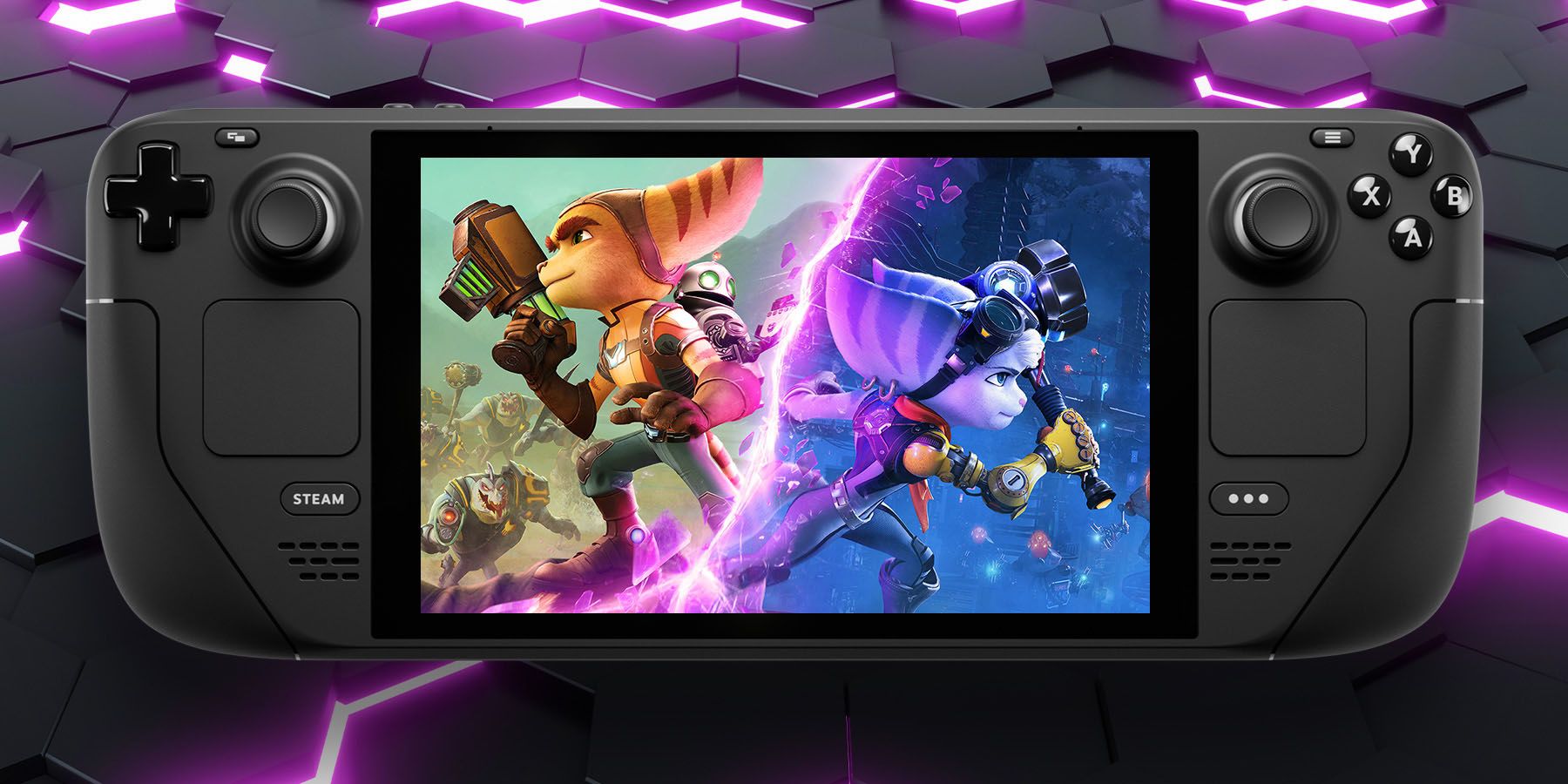 An image of Ratchet and Rivet from the PC port of Ratchet & Clank Rift Apart, running on a Steam Deck.