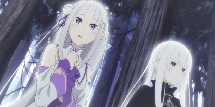 Two white haired girls walk through a forest, a subtle glow surrounding their bodies
