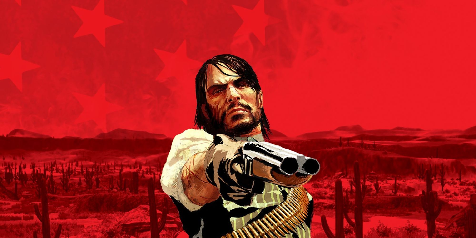 John marston pointing a gun with red background