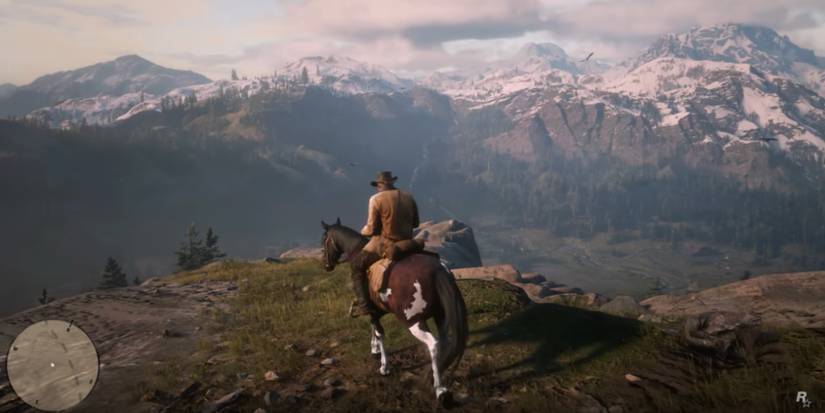 a screenshot of Red Dead Redemption 2, showing the main protagonist Arthur Morgan on the back of a horse.