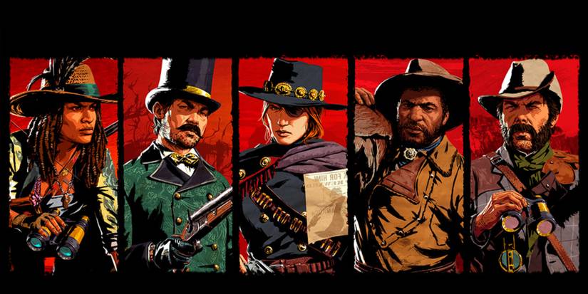 split screen of five main characters wearing hats and holding guns