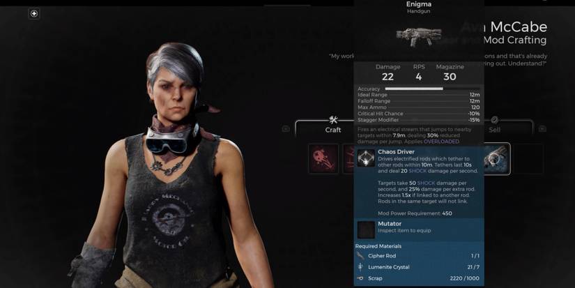 The listing for the Enigma Handgun in McCabe's shop in Remnant 2