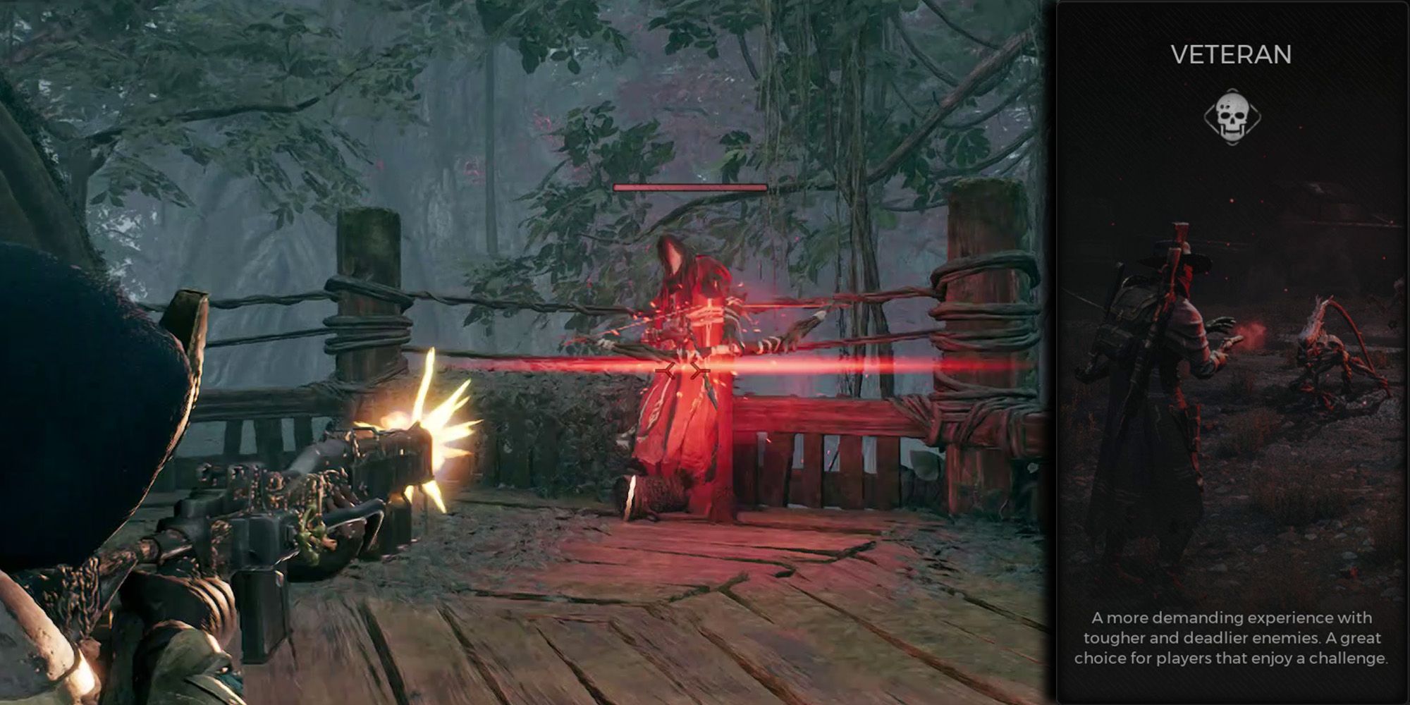 Remnant 2 - Veteran Difficulty Option Over Image Of Player Fighting Elite Crossbow Enemy In Yaesha