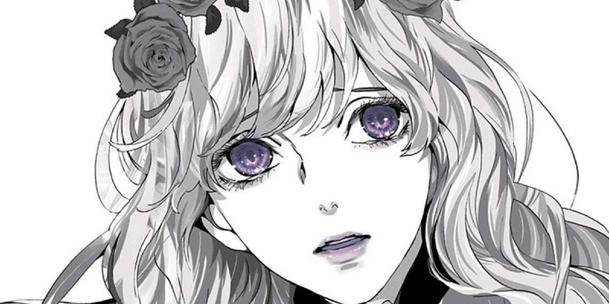 Art of one of the characters in typical manga style monochrome but some color in her eyes and on her lips.