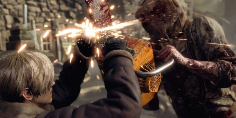 Leon blocks Doctor Salvatore's chainsaw with his knife.