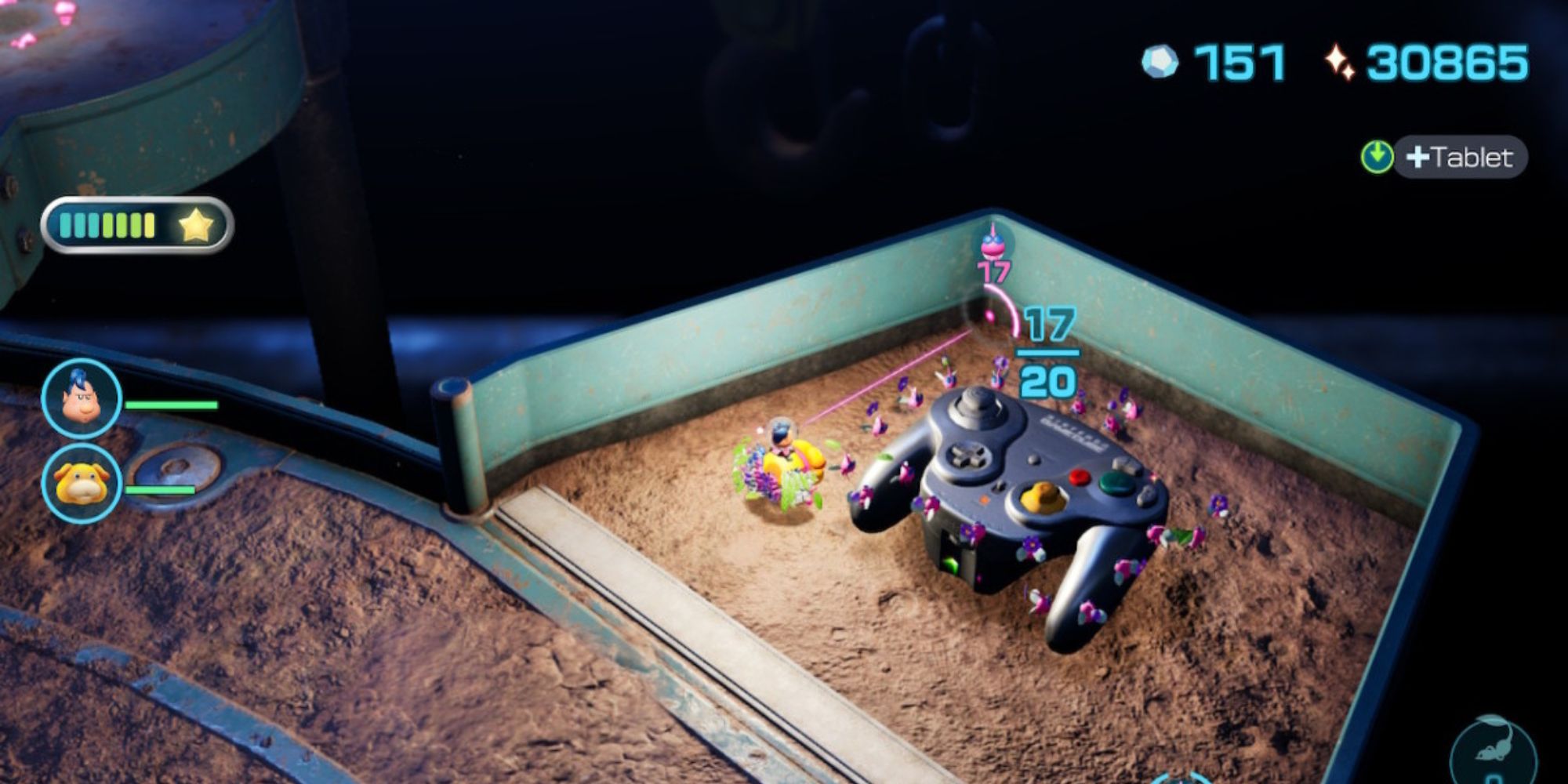 A screenshot from Pikmin 4 showcasing a hard of Pikmin grabbing a Nintendo GameCube controller easter egg.