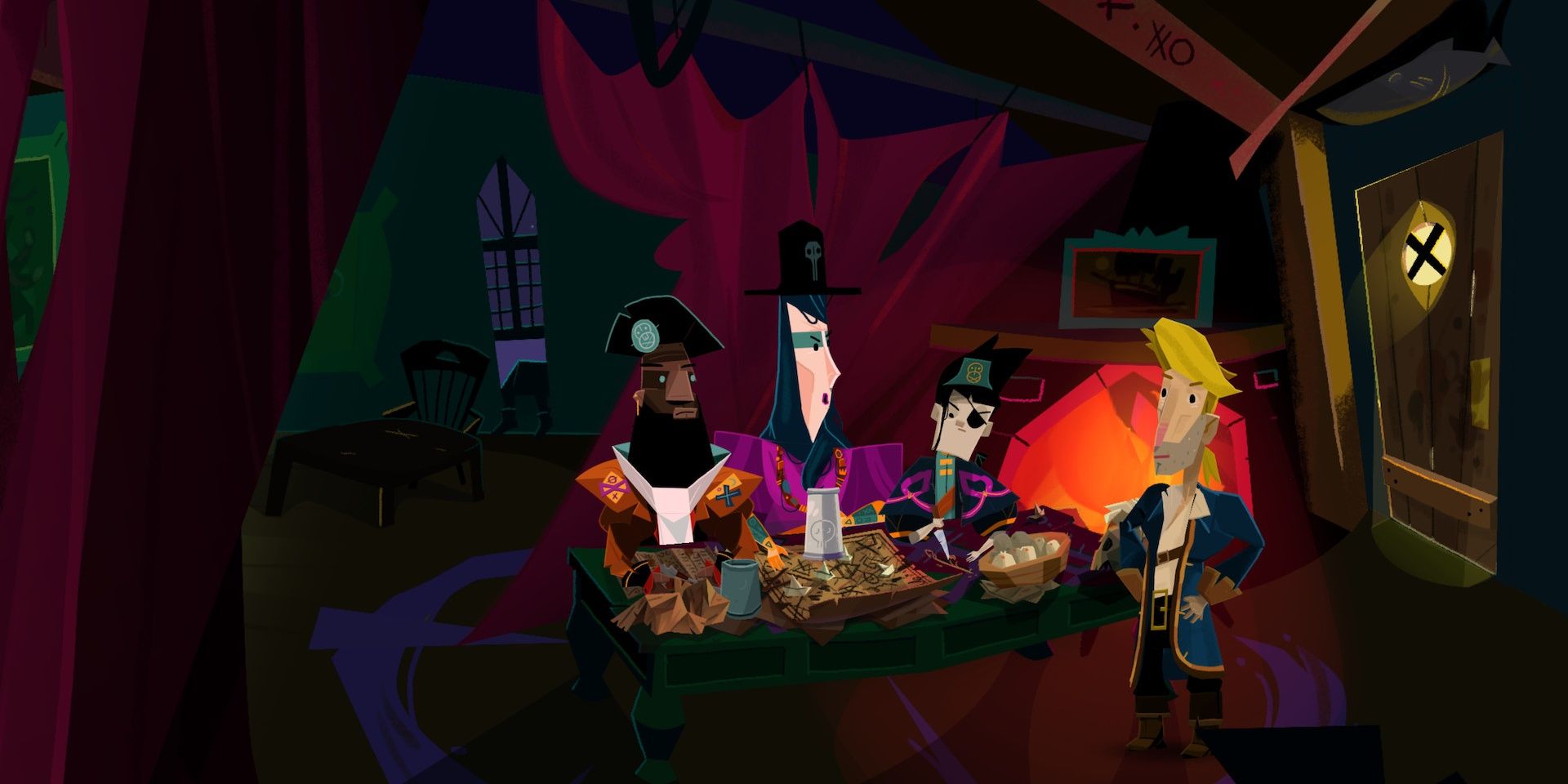 A table filled with new pirates talking with Guybrush Threepwood in Return to Monkey Island