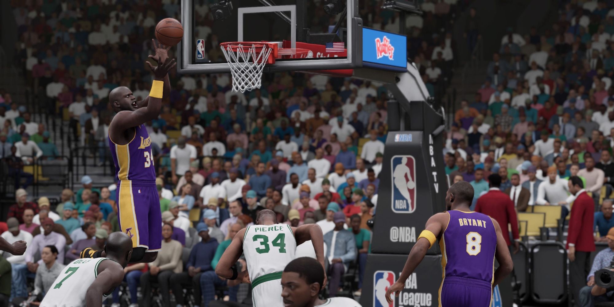 Kobe Bryant alley-ooping the ball to Shaquille O'Neill in NBA 2K23