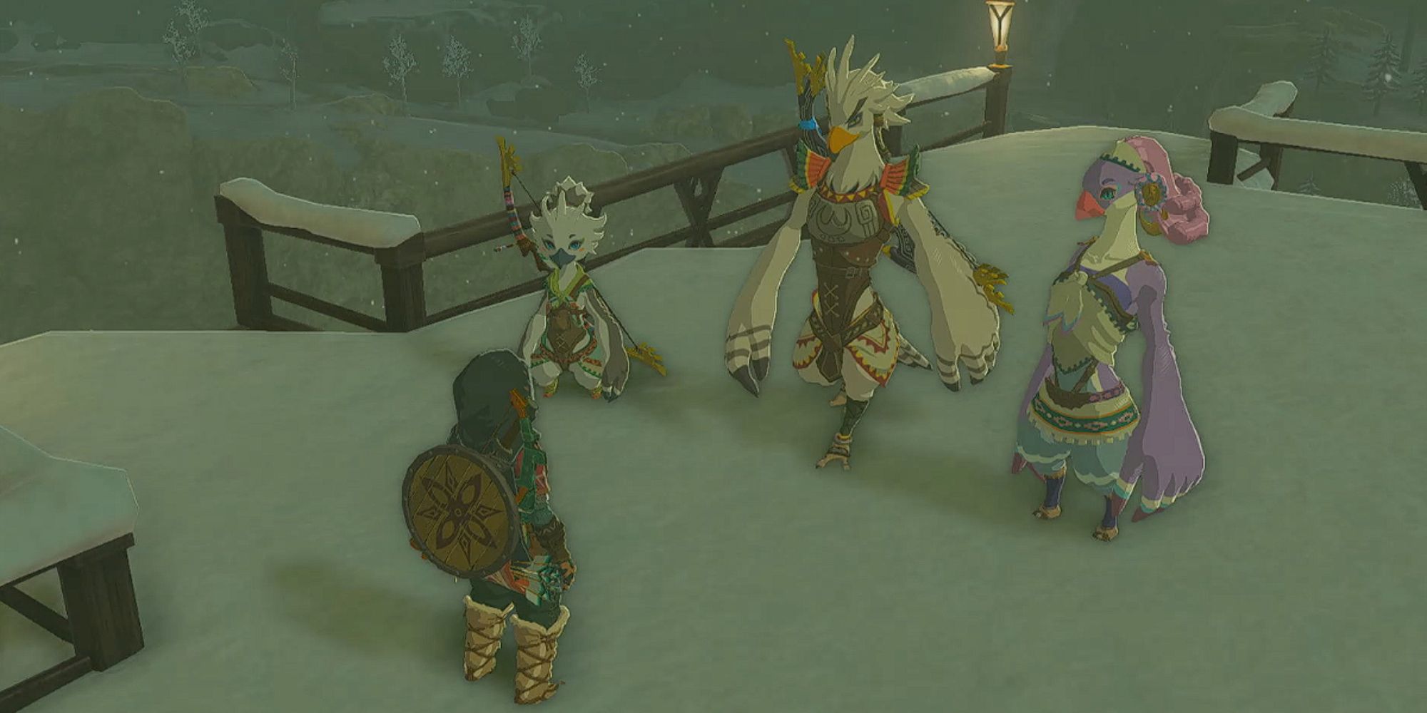 Link facing Tulin, Teba, and Saki in Rito Village