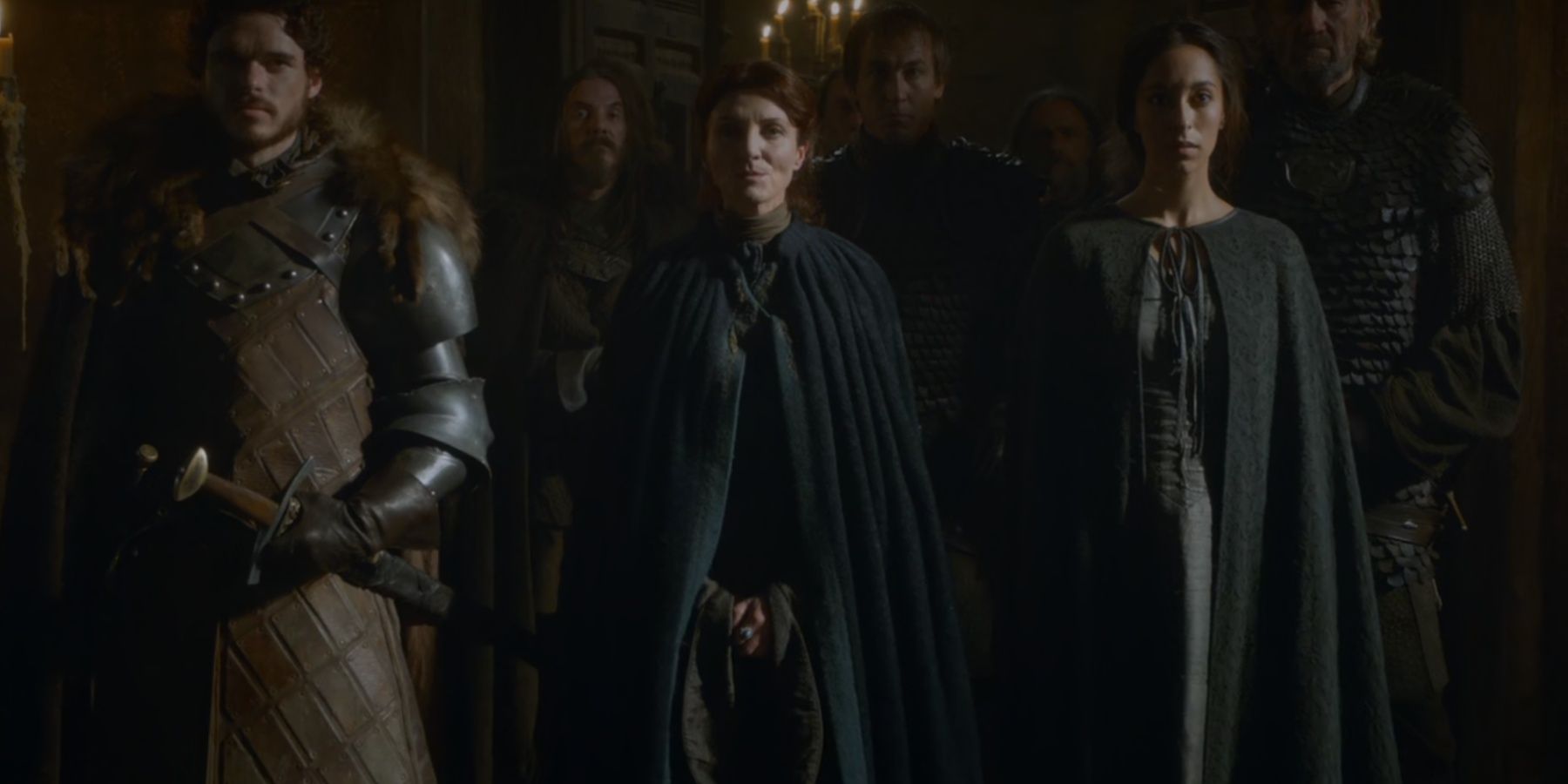 Robb Catelyn and Talisa Stark meet Walder Frey in Game of Thrones.