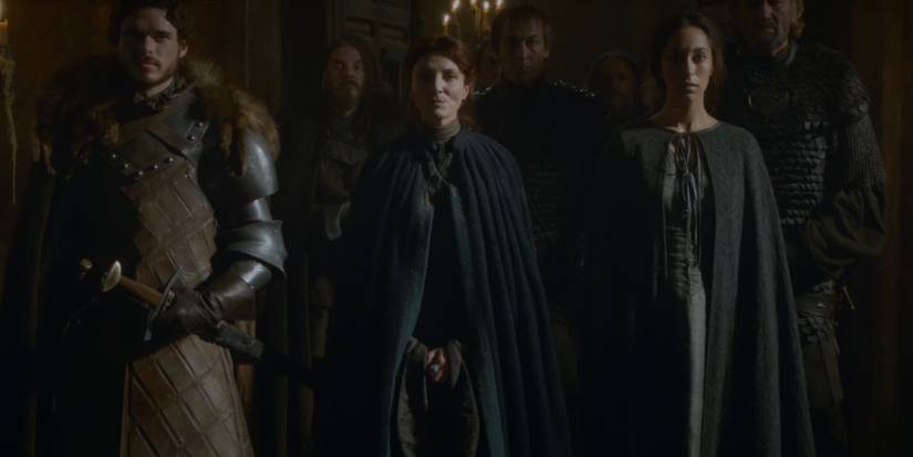 Robb Catelyn and Talisa Stark meet Walder Frey in Game of Thrones.