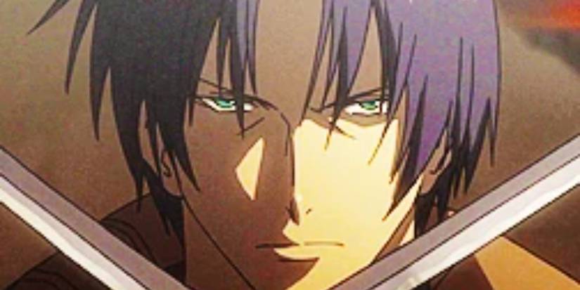 Shimori Aoshi with swords at head level in Rurouni Kenshin