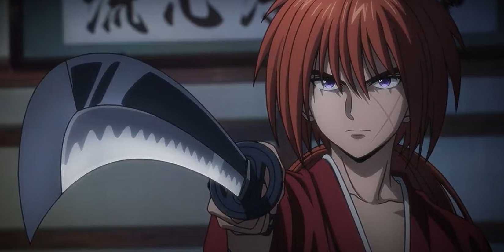 Kenshin Himura draws his katana in the new Rurouni Kenshin anime.