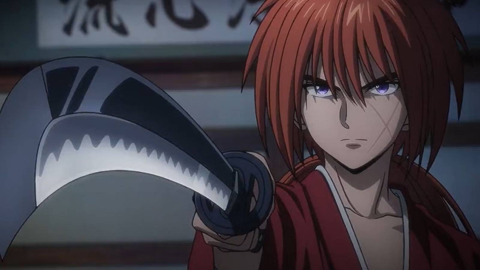 Kenshin Himura draws his katana in the new Rurouni Kenshin anime.