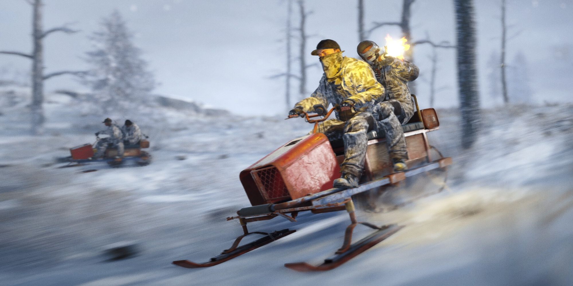 Player rides a snowmobile to hunt for enemies