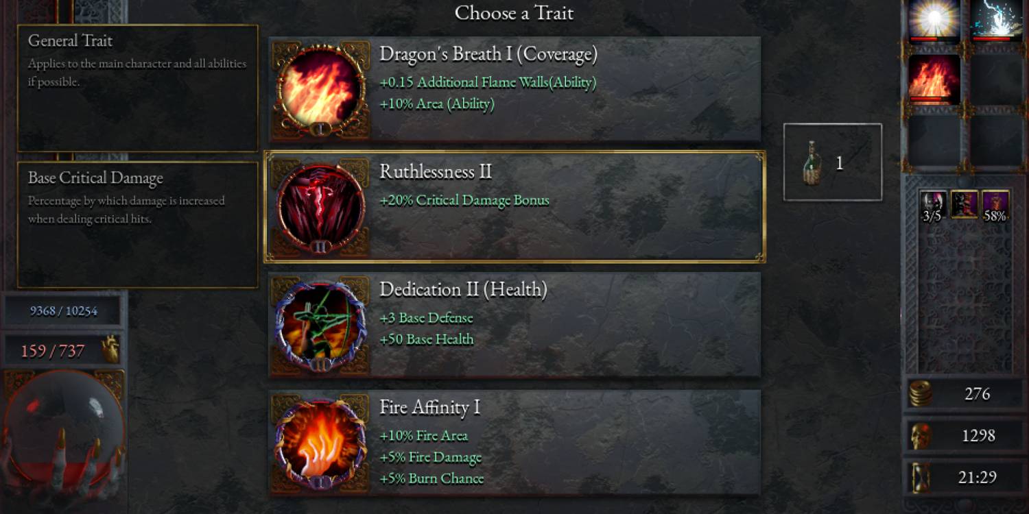 The Ruthlessness trait as it appears on the level-up menu in Halls of Torment