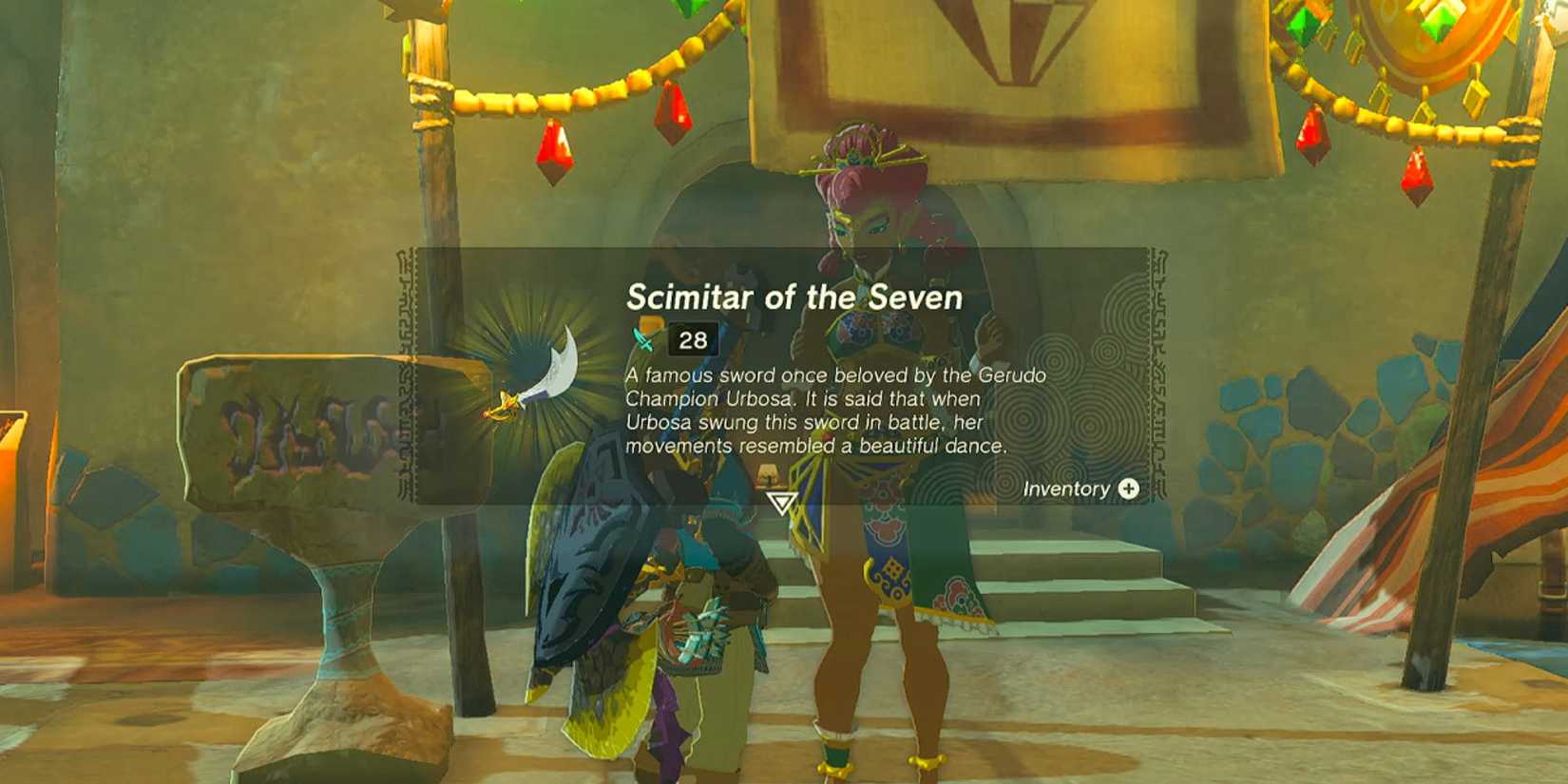 A Gerudo woman giving Link a Scimitar of the Seven