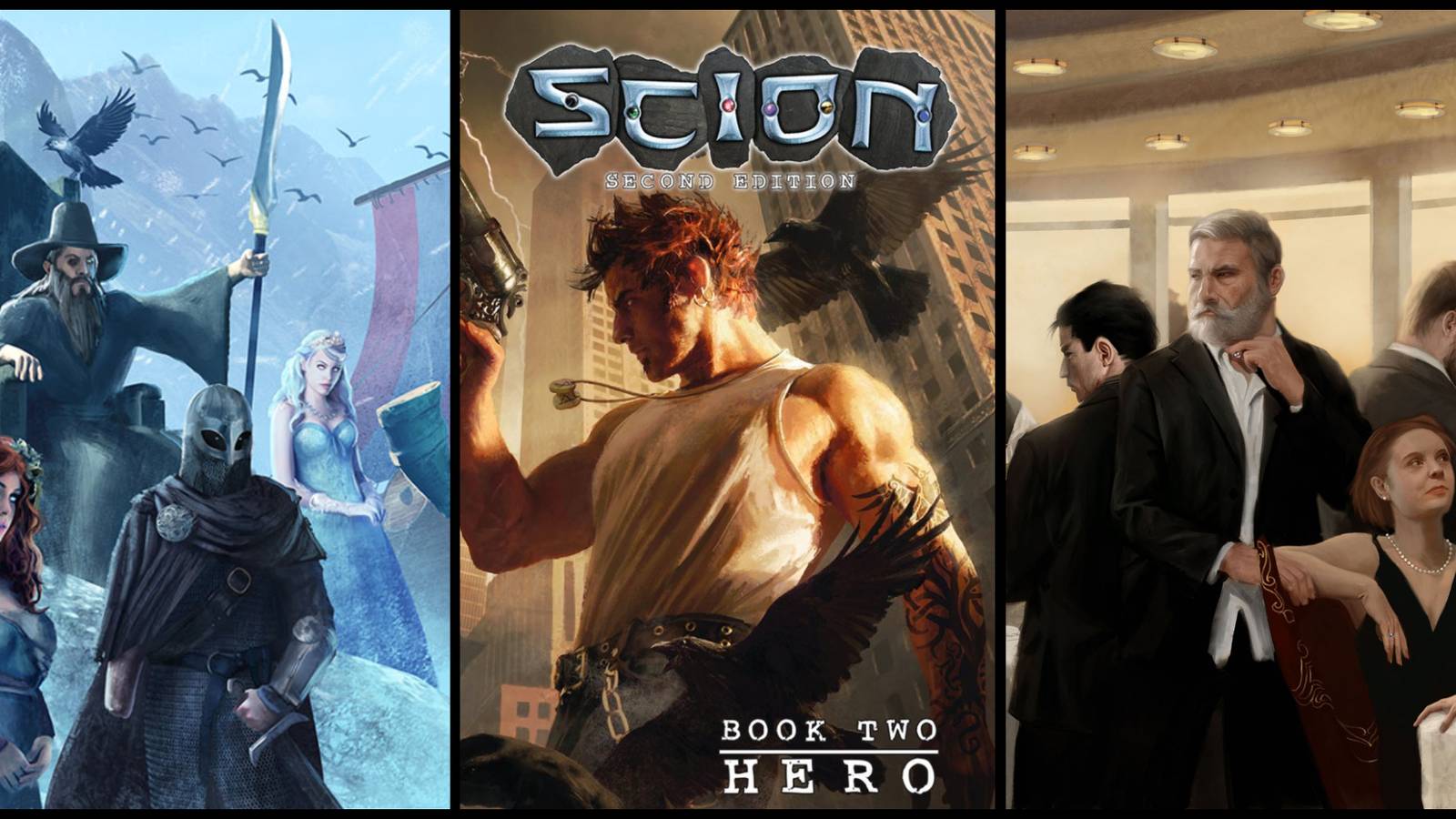 Scion 2e Cover with the norse on the left and greeks on the right