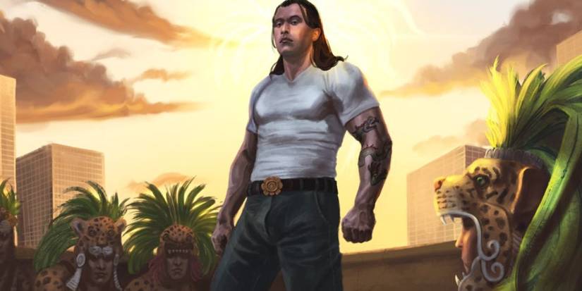 A Scion with Jaguar Warriors kneeling around him