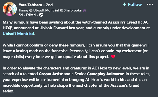 Yara Tabbara shares Assassin's Creed Hexe details in a LinkedIn post