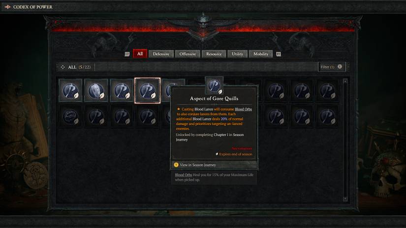 Diablo 4 Season 1 Codex Aspects New Aspect of Gore Quills Necromancer