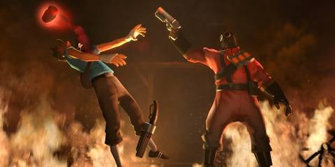 The Read team Pyro killing the Blue team Scout in a cutscene from Team Fortress 2.