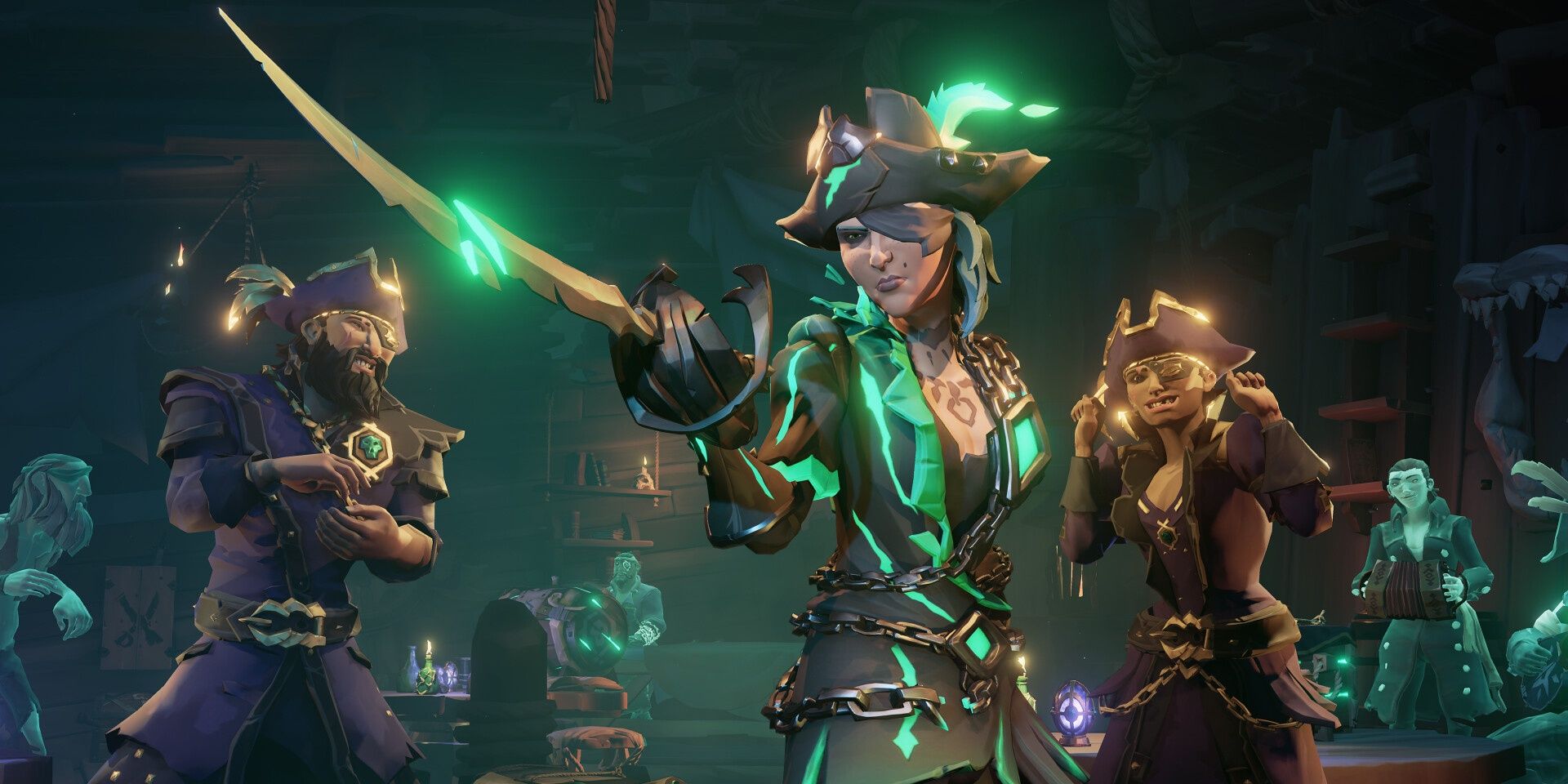 A pirate wearing glowing Pirate Legend gear as two pirates look on from behind them in Sea of Thieves